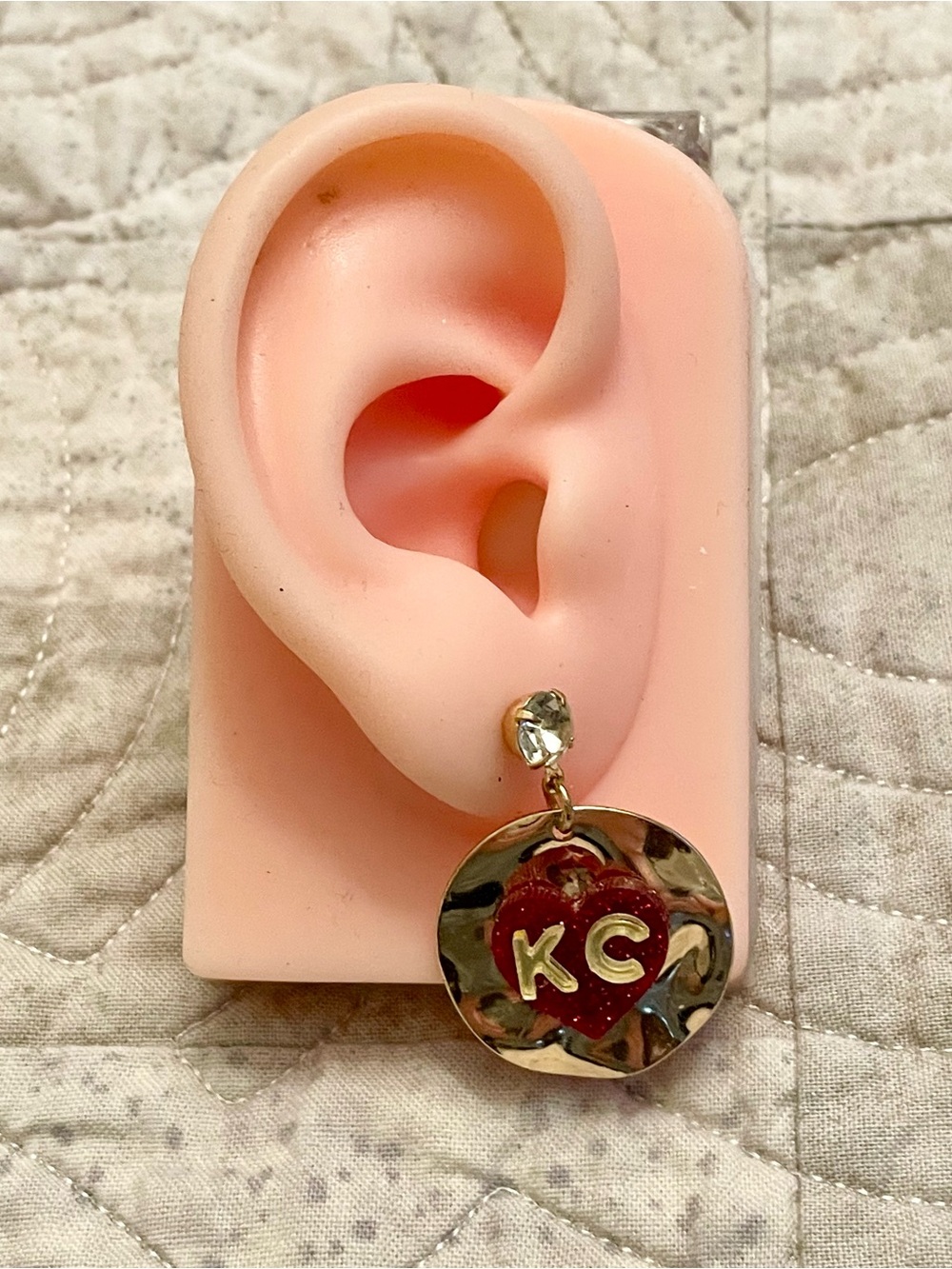 Gold Drop Earrings with Red Heart KC Accent - Picture 4 of 13